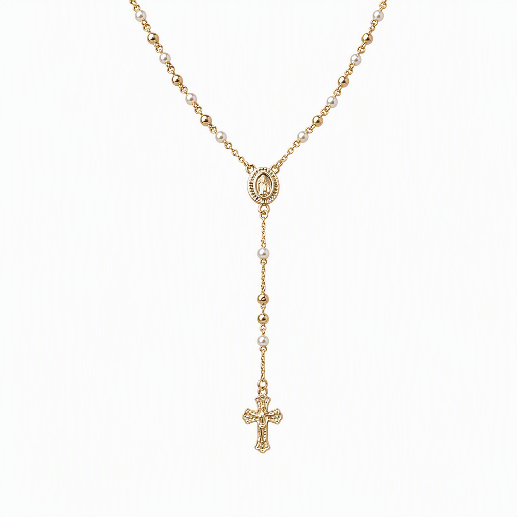 ⛪ 50% OFF! ✨ Retro Gold Tone Virgin Mary Crucifix Cross Pendant Necklace – Tricolor Beaded Y-Chain, Sacred Vintage Emblem & 14K Plated Finish – Elegant Faith-Inspired Style 💛