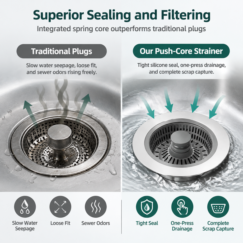 Kitchen Sink -Up Drain Stopper with Stainless Steel Body and ABS Strainer Basket Filter Plug