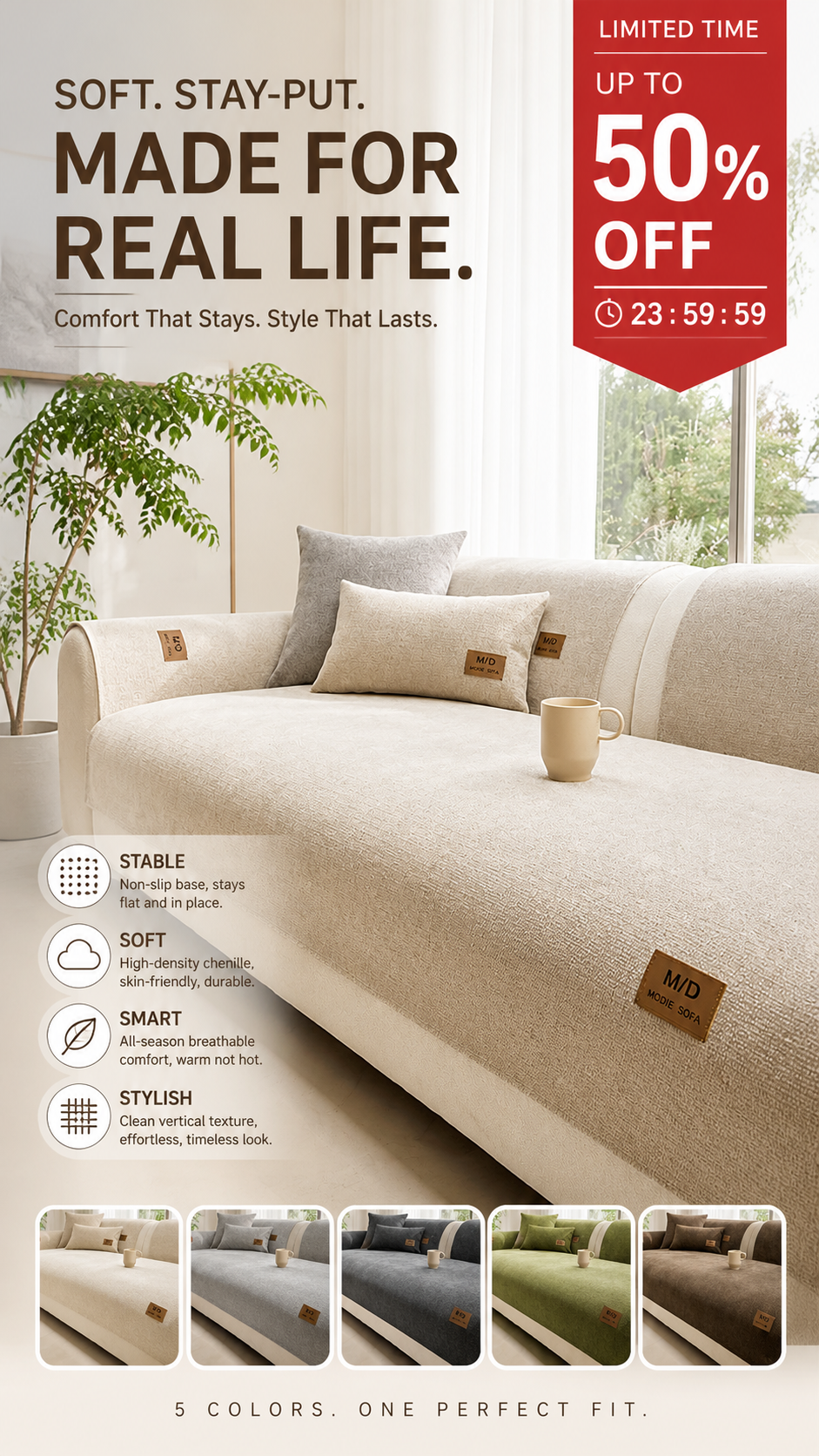 🛋️ LIMITED‑TIME 50% OFF! ✨ Thickened Non‑Slip Sofa Cover – Ultra‑Soft, Washable, Pet‑friendly 🐾