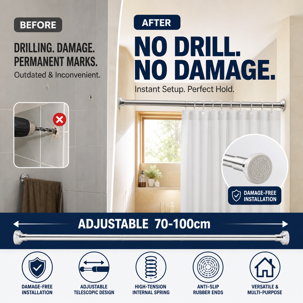 🛏️50% OFF!🔧Adjustable No-Drill Tension Rod – Damage-Free Install, Anti-Slip & Multi-Purpose, Max 15KG Load 🏠