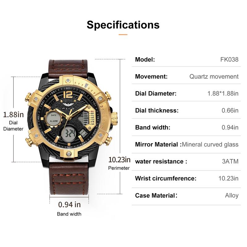 Multifunctional Dual Display 3ATM Waterproof Men's Quartz Sports Watch
