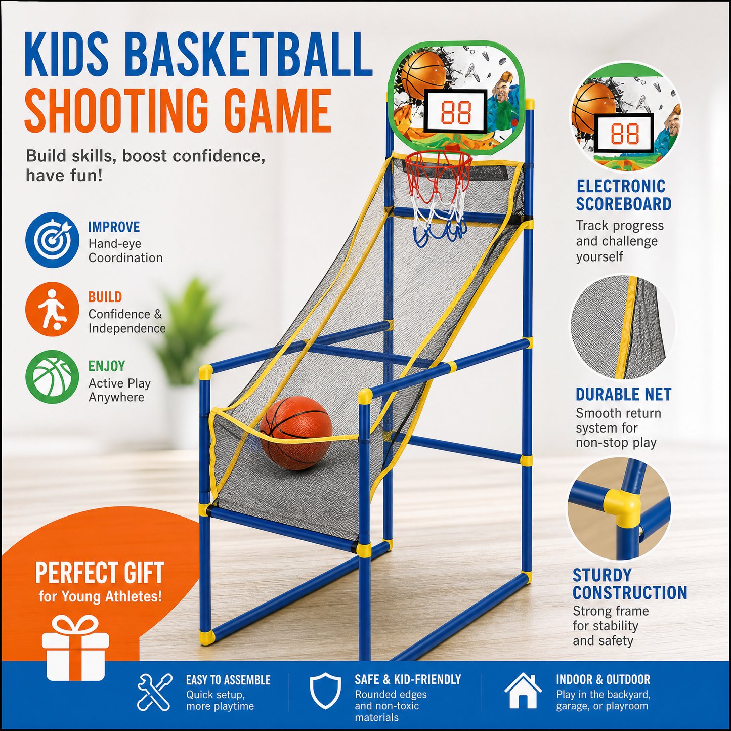 🥳2026 HOT SALE🥳💞50K+ SOLD!🏀🎯 50% OFF! Kids‘ Indoor Basketball Arcade Game – Auto ball return, sturdy & safe. 4 balls + pump included. Quick setup, endless fun! 🧒💨