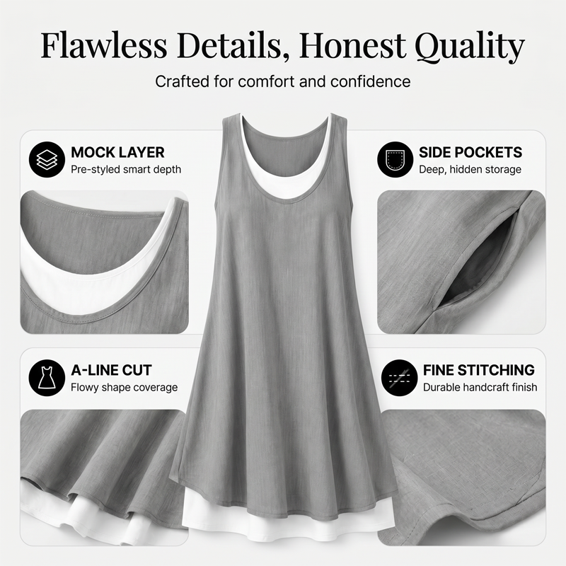 💃 Last Day Sale 50% Off 💐 Women's Casual Loose Sleeveless Fake Two Piece Tank Dress📿