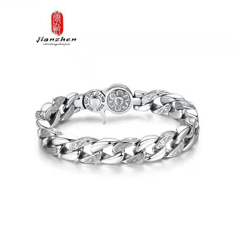 Vintage Silver Plated Rotatable Six Character Mantra for Men Wide Band Spinning Buddhist Jewelry