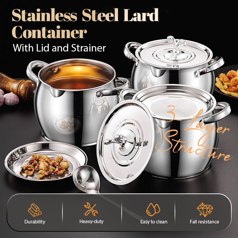 Stainless Steel Lard Container with Lid and Strainer（50% OFF）