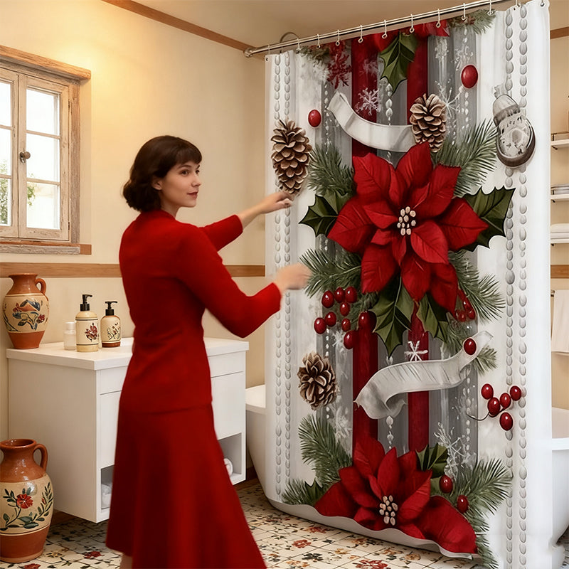 🎅Christmas Red Print Holiday Shower Curtain
