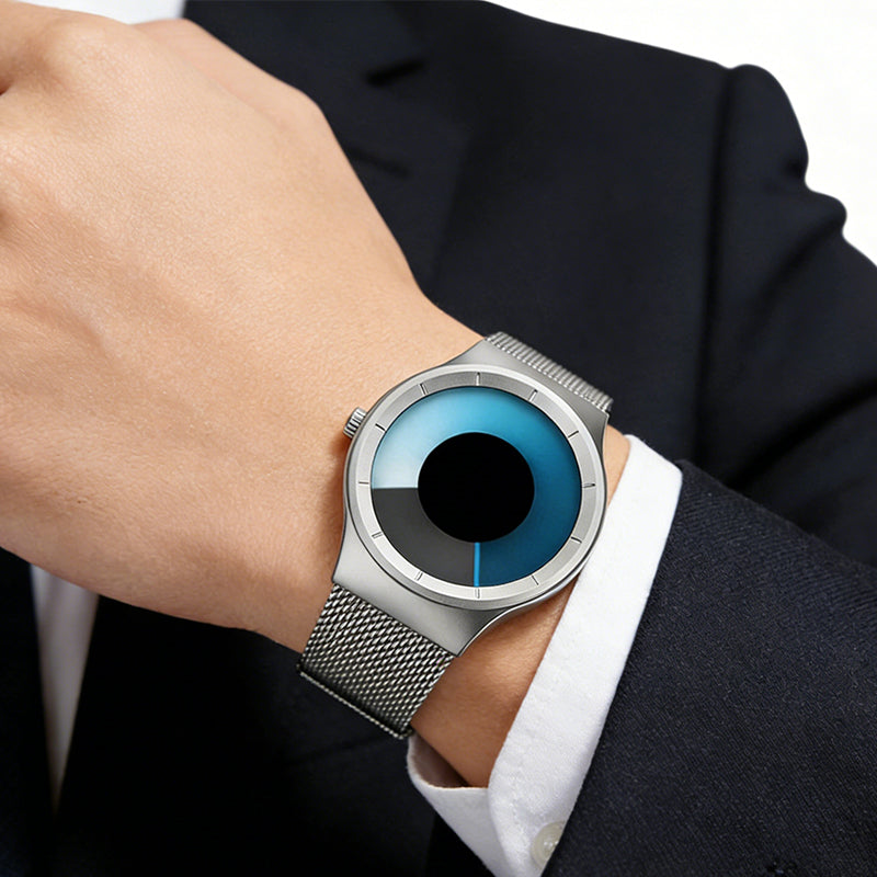 Men’s Futuristic Minimalist Watch with Creative Rotating Disk Dial