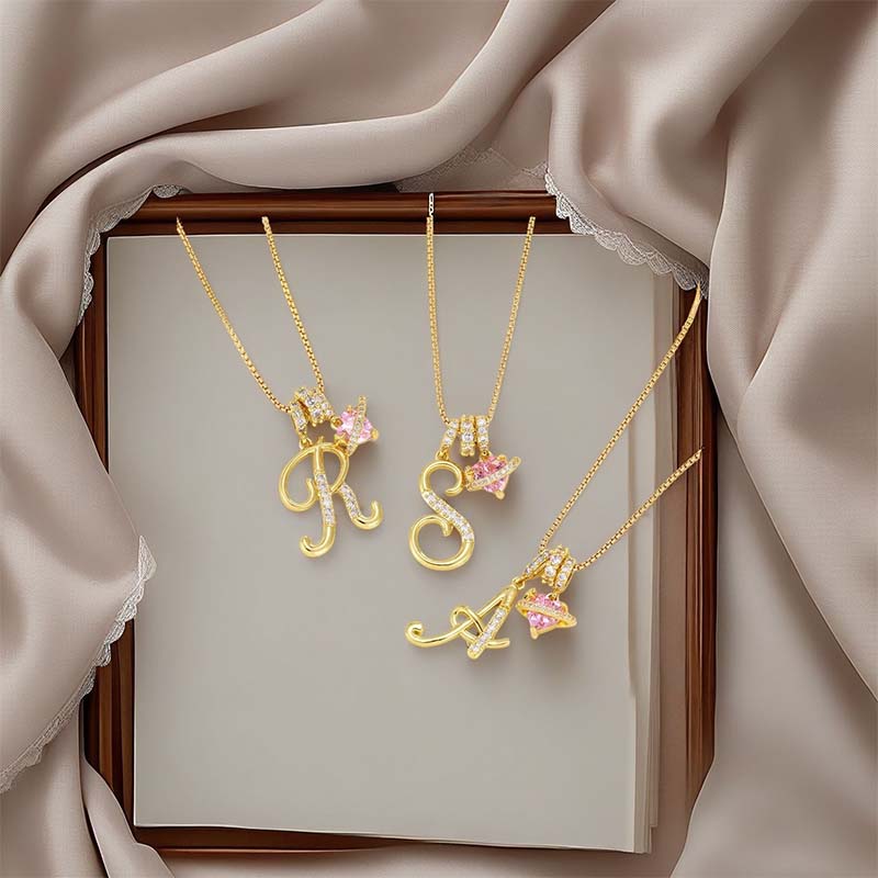 Initial Letter Necklace with Pink Heart Charm