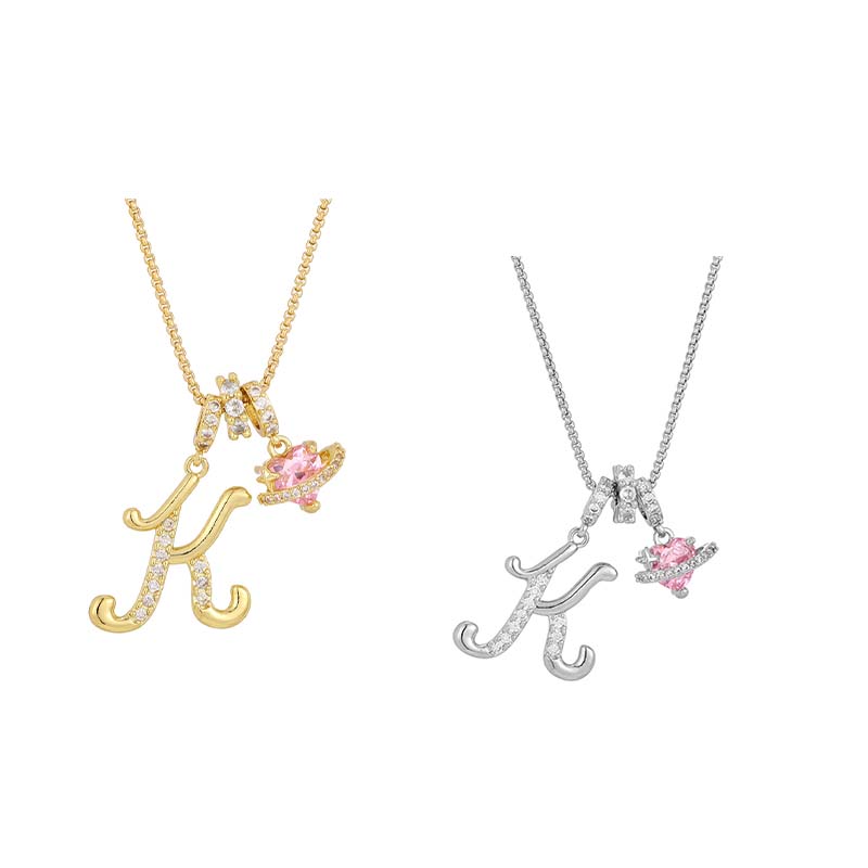 Initial Letter Necklace with Pink Heart Charm