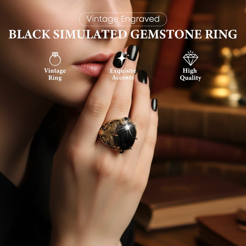 📢📢50% OFF !! ⏰Vintage Engraved Black Simulated Gemstone Ring