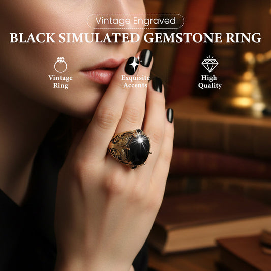 📢📢50% OFF !! ⏰Vintage Engraved Black Simulated Gemstone Ring