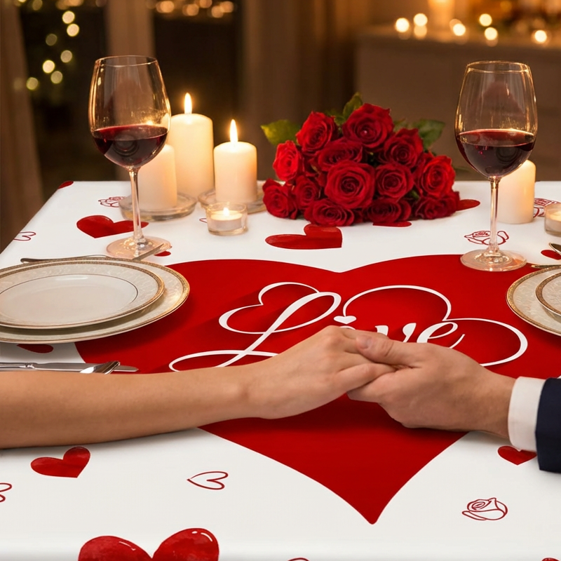 🔥 50% OFF! 💖 Valentine's Day Romantic Tablecloth – Heart & Rose Print, Wrinkle-Resistant Polyester & Easy Care 🌹🍽️