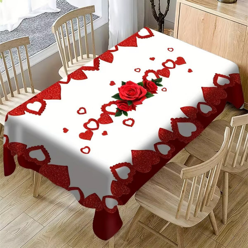 🔥 50% OFF! 💖 Valentine's Day Romantic Tablecloth – Heart & Rose Print, Wrinkle-Resistant Polyester & Easy Care 🌹🍽️