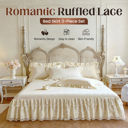 Romantic Ruffled Lace Bed Skirt 3-Piece Set（2*pillowcases+1*fitted sheet）