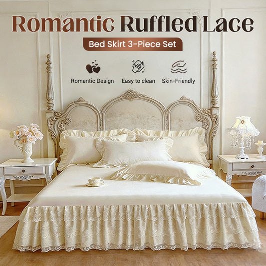 Romantic Ruffled Lace Bed Skirt 3-Piece Set（2*pillowcases+1*fitted sheet）