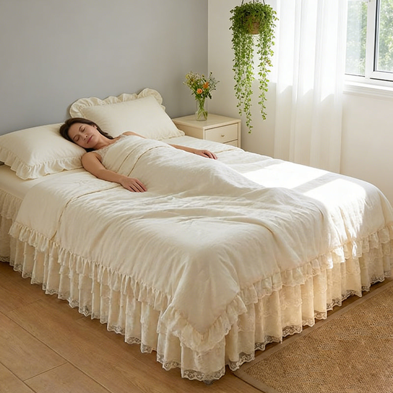 Romantic Ruffled Lace Bed Skirt 3-Piece Set（2*pillowcases+1*fitted sheet）