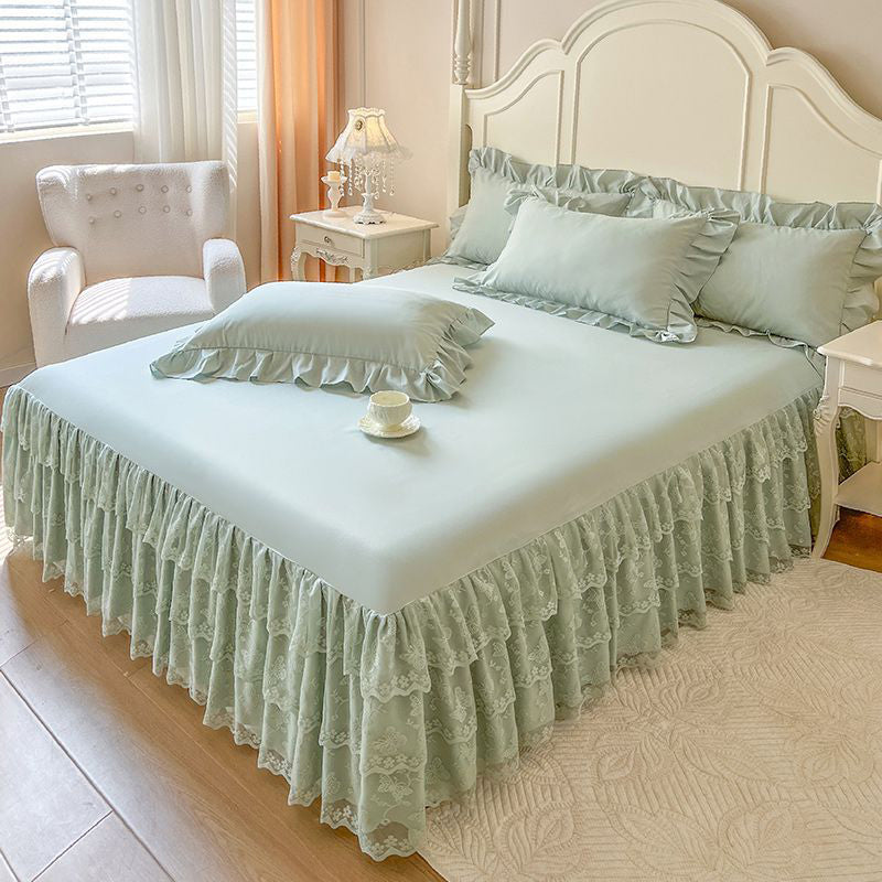 Romantic Ruffled Lace Bed Skirt 3-Piece Set（2*pillowcases+1*fitted sheet）