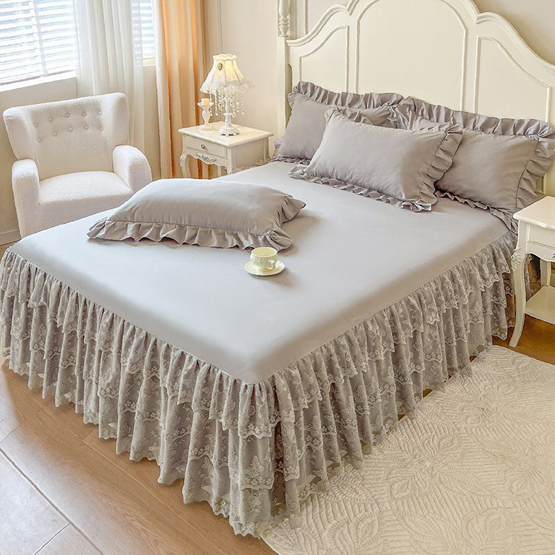 Romantic Ruffled Lace Bed Skirt 3-Piece Set（2*pillowcases+1*fitted sheet）