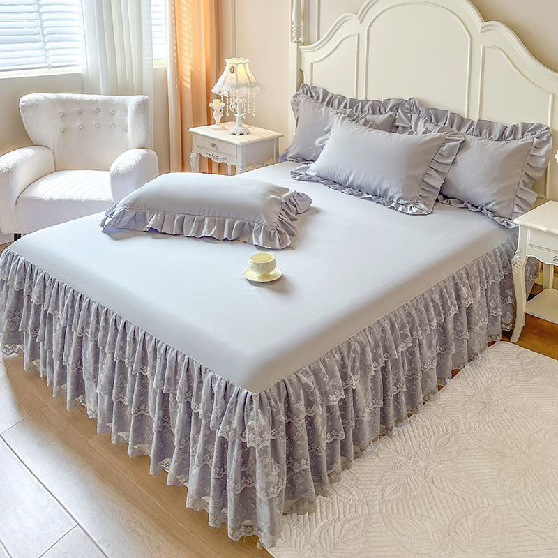 Romantic Ruffled Lace Bed Skirt 3-Piece Set（2*pillowcases+1*fitted sheet）
