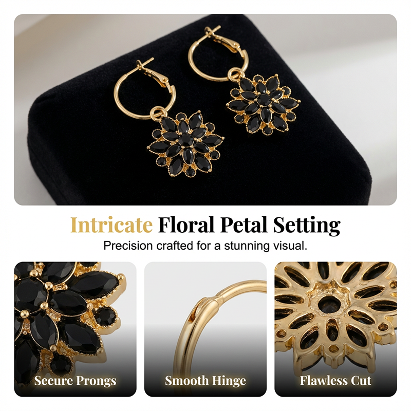 Elegant Black Flower Dangle Earrings