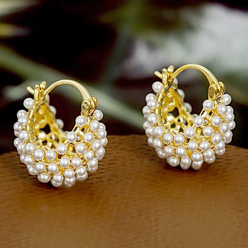 💍 LIMITED-TIME 50% OFF! ✨ Faux Pearl Basket Hoop Earrings – Gold Tone, Unique Weave, Classic Elegance 🪀