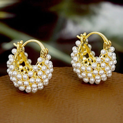 💍 LIMITED-TIME 50% OFF! ✨ Faux Pearl Basket Hoop Earrings – Gold Tone, Unique Weave, Classic Elegance 🪀