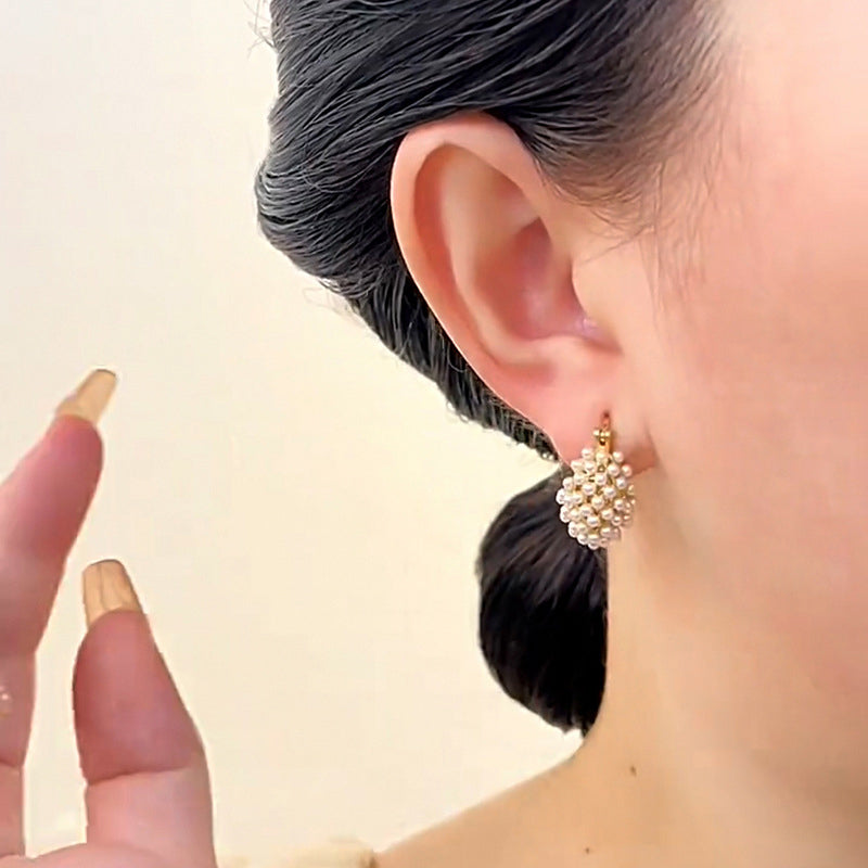 💍 LIMITED-TIME 50% OFF! ✨ Faux Pearl Basket Hoop Earrings – Gold Tone, Unique Weave, Classic Elegance 🪀
