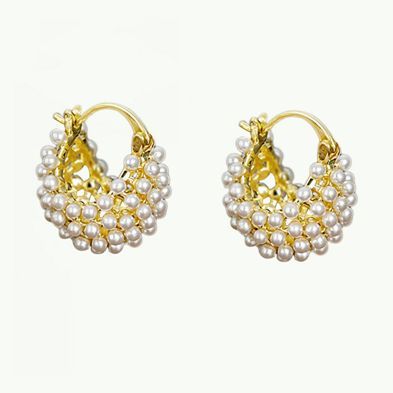 💍 LIMITED-TIME 50% OFF! ✨ Faux Pearl Basket Hoop Earrings – Gold Tone, Unique Weave, Classic Elegance 🪀