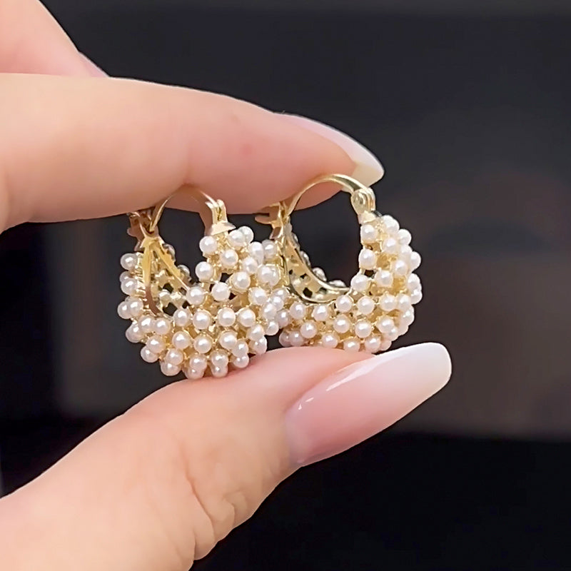 💍 LIMITED-TIME 50% OFF! ✨ Faux Pearl Basket Hoop Earrings – Gold Tone, Unique Weave, Classic Elegance 🪀