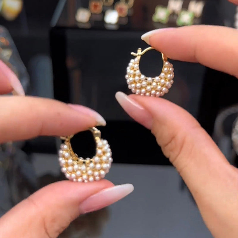 💍 LIMITED-TIME 50% OFF! ✨ Faux Pearl Basket Hoop Earrings – Gold Tone, Unique Weave, Classic Elegance 🪀