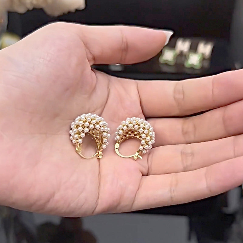 💍 LIMITED-TIME 50% OFF! ✨ Faux Pearl Basket Hoop Earrings – Gold Tone, Unique Weave, Classic Elegance 🪀