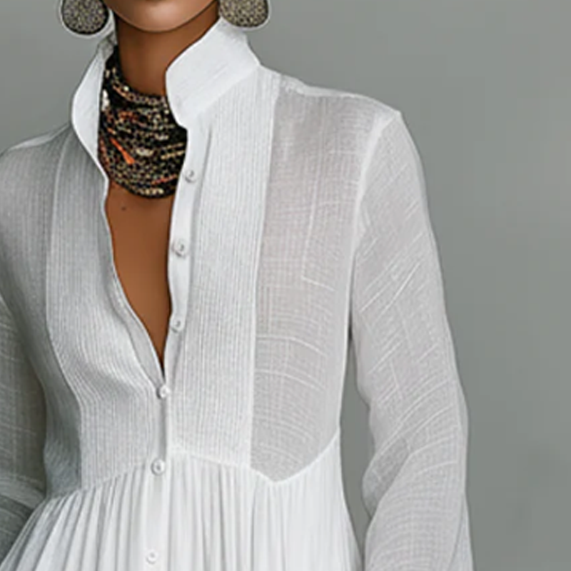 ✨ Elegant Pleated White High-Neck Maxi Dress