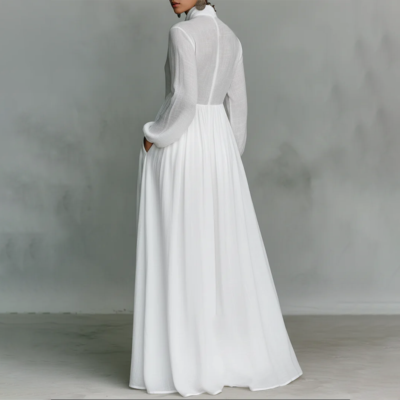 ✨ Elegant Pleated White High-Neck Maxi Dress