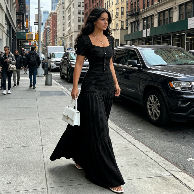 👗 LIMITED-TIME 50% OFF! ✨ Women's Square Neck Dress Set – Crinkled Fabric, Tiered Skirt, Elegant 🍷