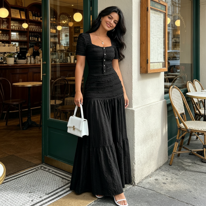 👗 LIMITED-TIME 50% OFF! ✨ Women's Square Neck Dress Set – Crinkled Fabric, Tiered Skirt, Elegant 🍷