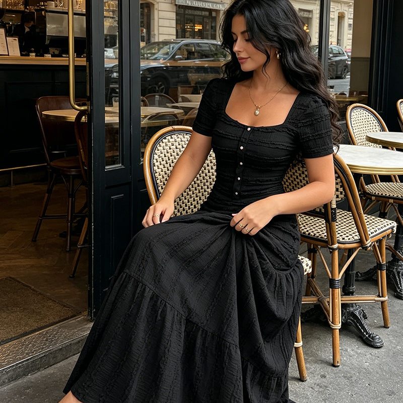 👗 LIMITED-TIME 50% OFF! ✨ Women's Square Neck Dress Set – Crinkled Fabric, Tiered Skirt, Elegant 🍷