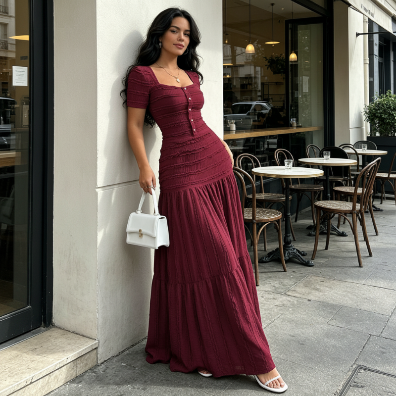 👗 LIMITED-TIME 50% OFF! ✨ Women's Square Neck Dress Set – Crinkled Fabric, Tiered Skirt, Elegant 🍷