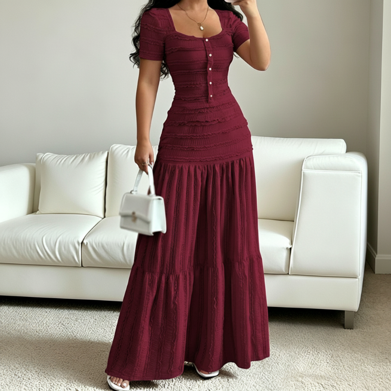 👗 LIMITED-TIME 50% OFF! ✨ Women's Square Neck Dress Set – Crinkled Fabric, Tiered Skirt, Elegant 🍷
