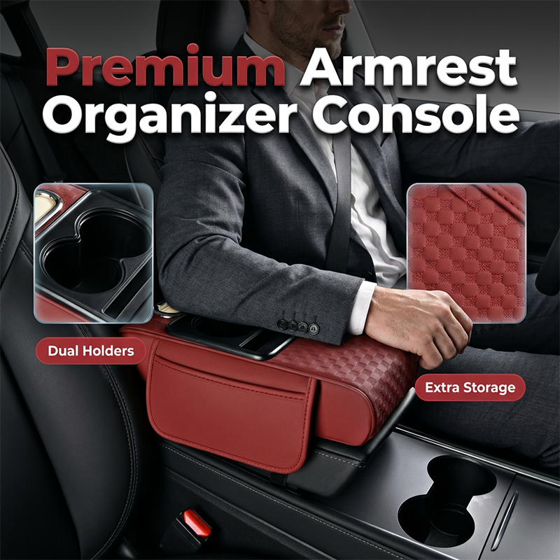 📢📢 50% OFF🚗5-in-1 Car Armrest Organizer – Console Cushion with Storage Bags, Cup Holder & Phone Slot
