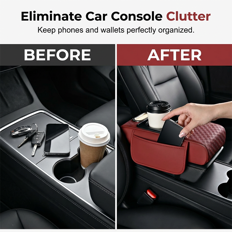 📢📢 50% OFF🚗5-in-1 Car Armrest Organizer – Console Cushion with Storage Bags, Cup Holder & Phone Slot