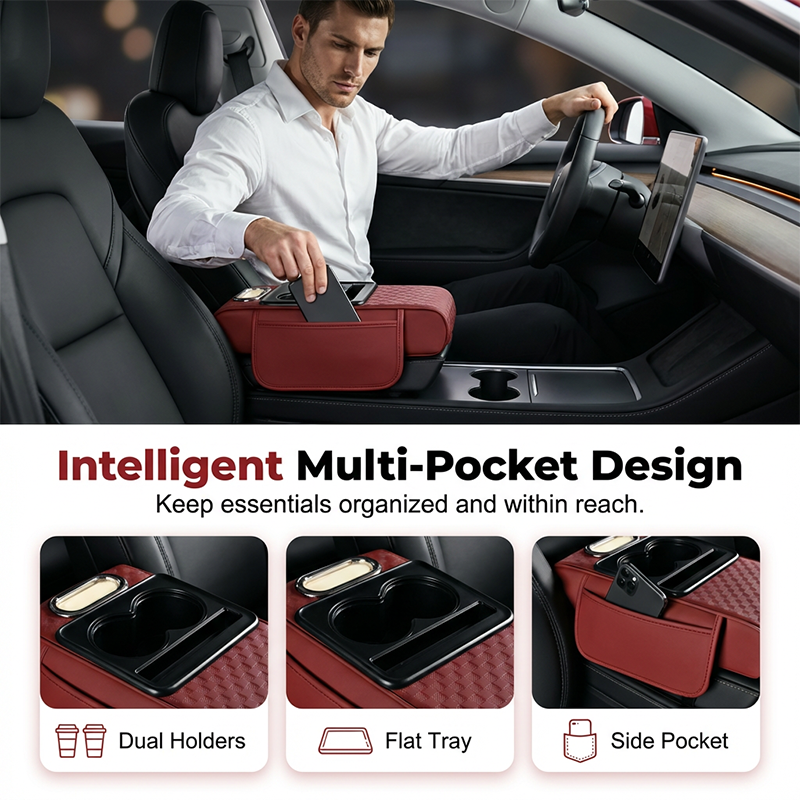 📢📢 50% OFF🚗5-in-1 Car Armrest Organizer – Console Cushion with Storage Bags, Cup Holder & Phone Slot