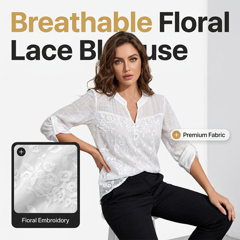 ✨ Lace Panel V-Neck Blouse – Embroidered, Roll-Up Sleeves, Effortless Chic 🌸