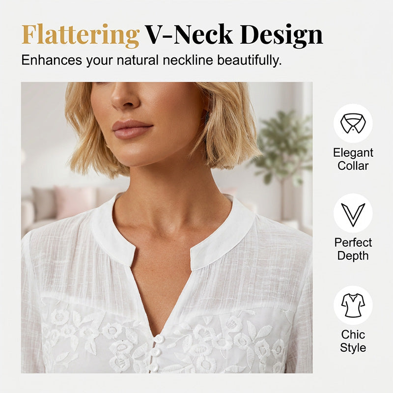 ✨ Lace Panel V-Neck Blouse – Embroidered, Roll-Up Sleeves, Effortless Chic 🌸