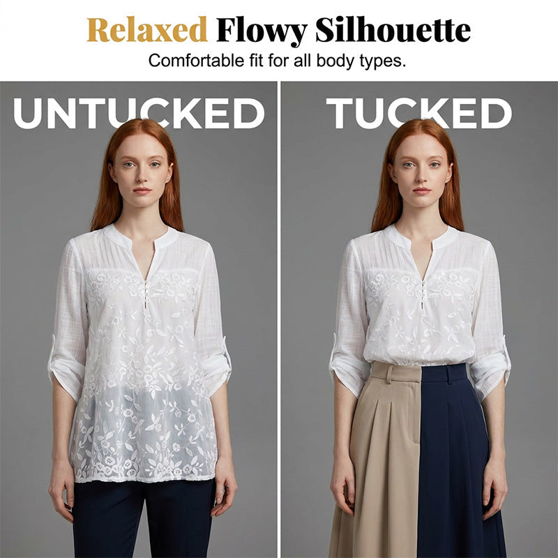 ✨ Lace Panel V-Neck Blouse – Embroidered, Roll-Up Sleeves, Effortless Chic 🌸