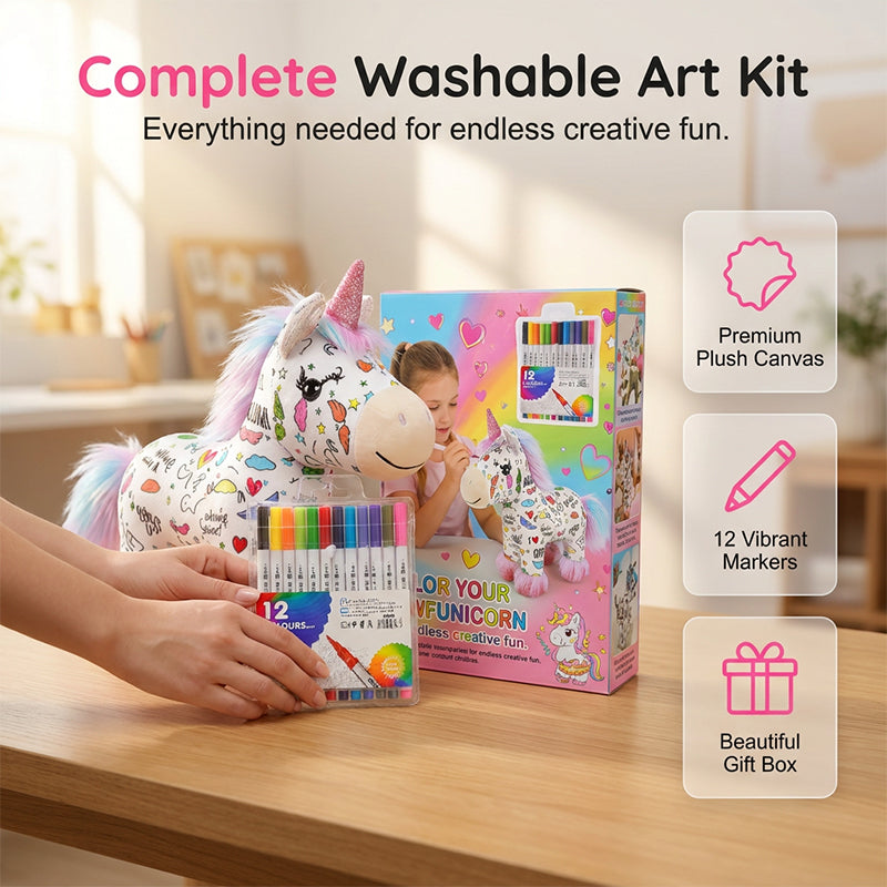 🔥50% OFF 🎁DIY Color-In Unicorn Plush Toy Kit, Washable Reusable Coloring Stuffed Animal, Creative Art Craft Set for Kids Birthday Gift