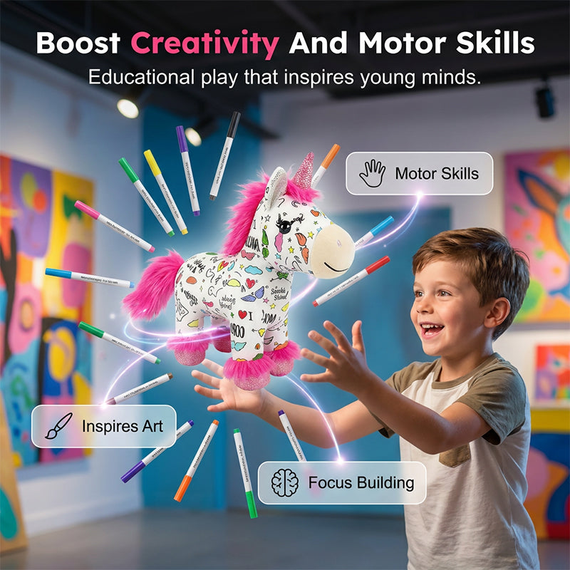 🔥50% OFF 🎁DIY Color-In Unicorn Plush Toy Kit, Washable Reusable Coloring Stuffed Animal, Creative Art Craft Set for Kids Birthday Gift
