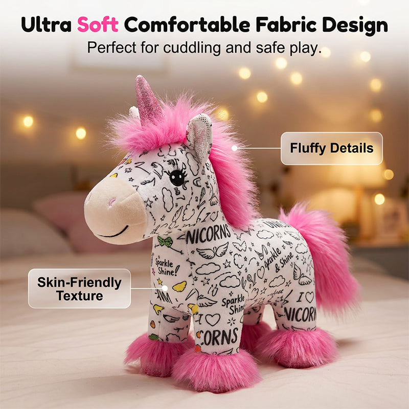 🔥50% OFF 🎁DIY Color-In Unicorn Plush Toy Kit, Washable Reusable Coloring Stuffed Animal, Creative Art Craft Set for Kids Birthday Gift