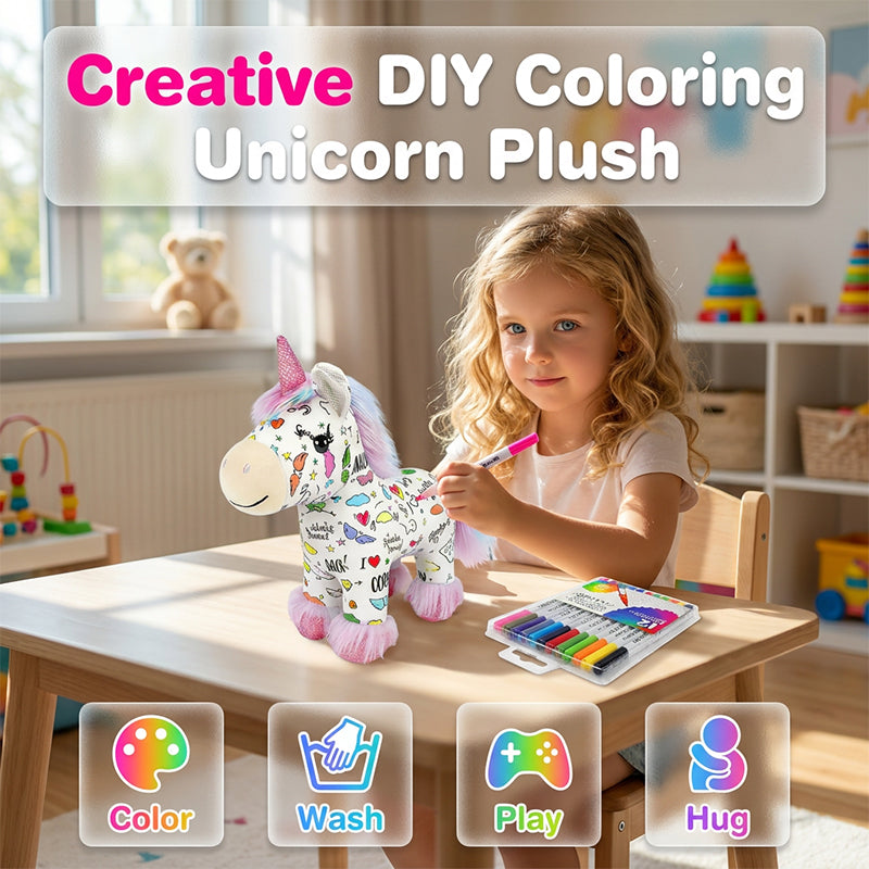 🔥50% OFF 🎁DIY Color-In Unicorn Plush Toy Kit, Washable Reusable Coloring Stuffed Animal, Creative Art Craft Set for Kids Birthday Gift