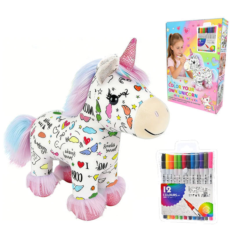🔥50% OFF 🎁DIY Color-In Unicorn Plush Toy Kit, Washable Reusable Coloring Stuffed Animal, Creative Art Craft Set for Kids Birthday Gift