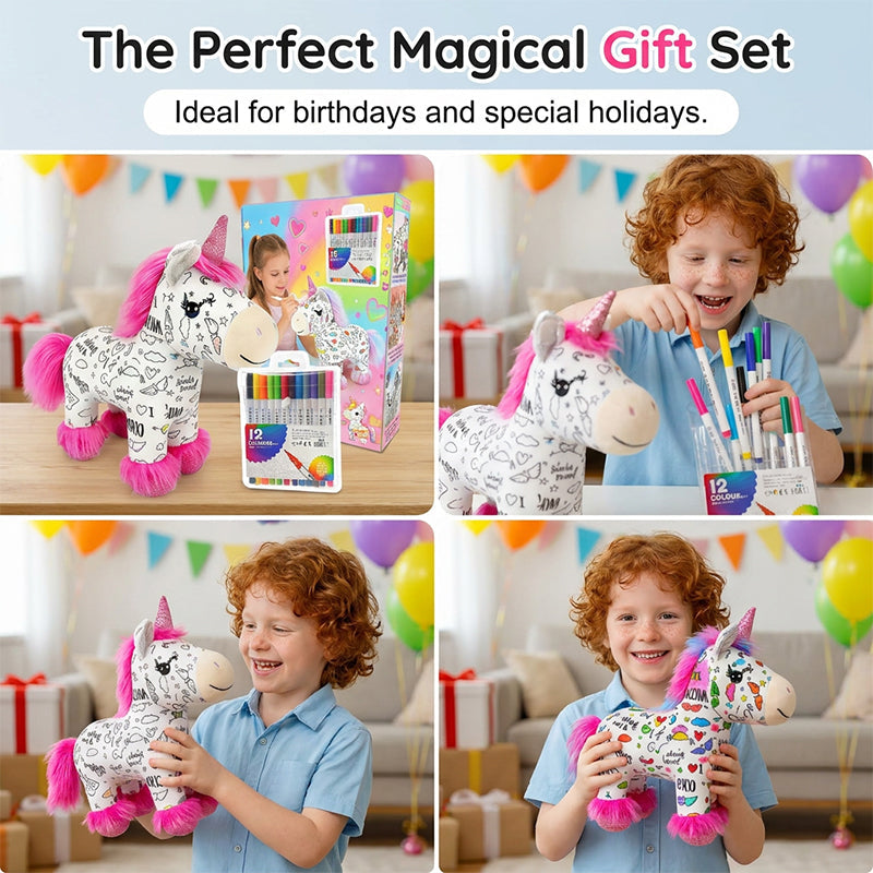 🔥50% OFF 🎁DIY Color-In Unicorn Plush Toy Kit, Washable Reusable Coloring Stuffed Animal, Creative Art Craft Set for Kids Birthday Gift